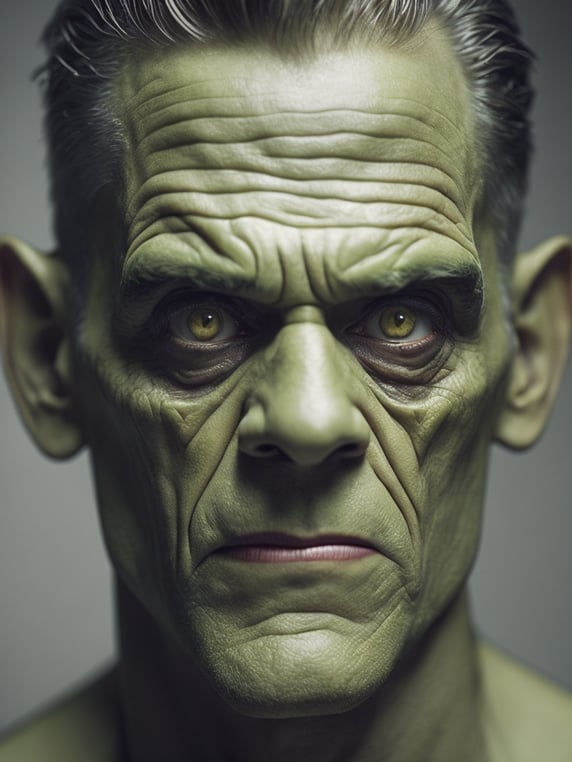 hyperrealistic close-up Portrait of Boris Karloff as Frankenstein's Monster, Green Skin, muted color palette, atmospheric, creepy, intricate detail, reanimated corpse, scar tissue, decomposing, starring eyes, horror, horrific, neck, bolts, gangrene, veins, mutilated