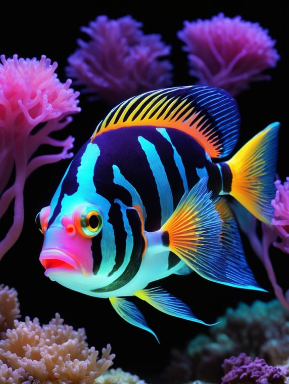 black background, phosphorescent fish alone, beautiful neon colors and real looking fish 3D