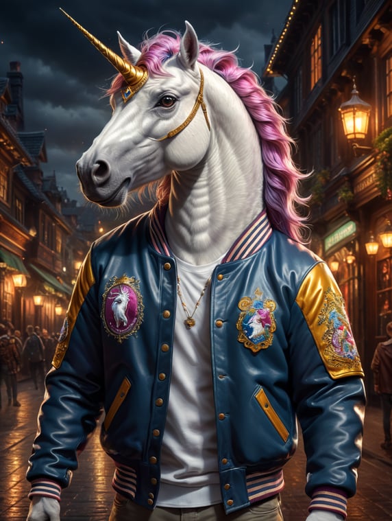 Funny unicorn character in varsity jacket
