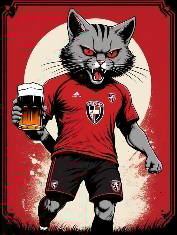soccer player, red and black, cat head, hostile attitude, beer at hand