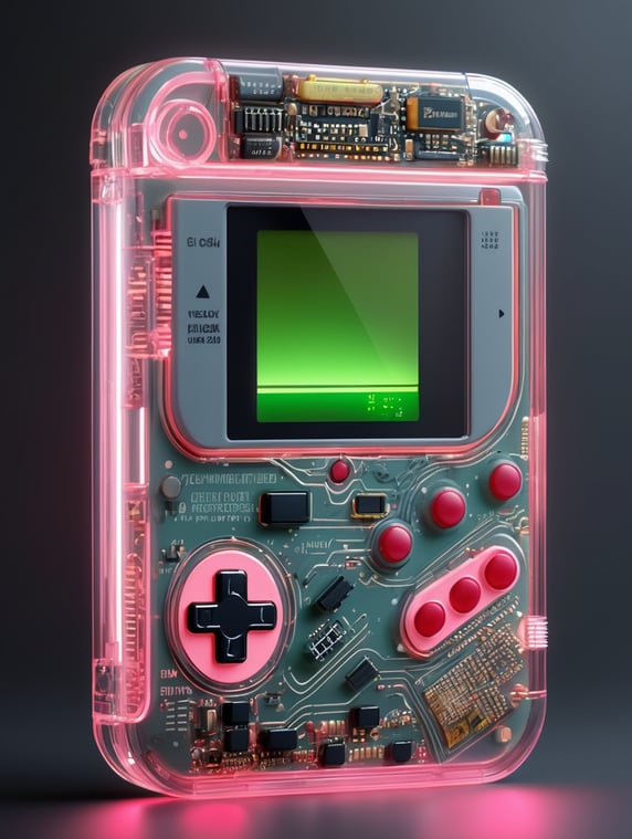 3d render front retro tiny cute game boy translucent plastic case, neon inner light, circuit-board