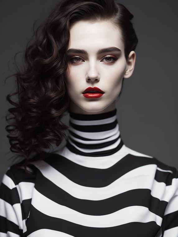 Pale-skinned girl model, wearing a black and white striped dress with a high collar, contrast lighting, Bright red make-up, Black and white curly long hair, dark background, fashion model, magazine cover, professional shot,