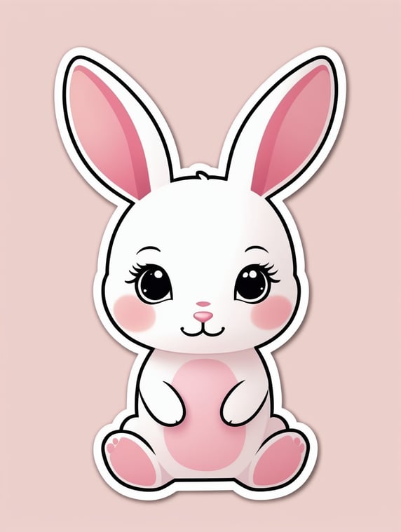 Printable sticker about minimal cartoon cute pink rabbit, white background
