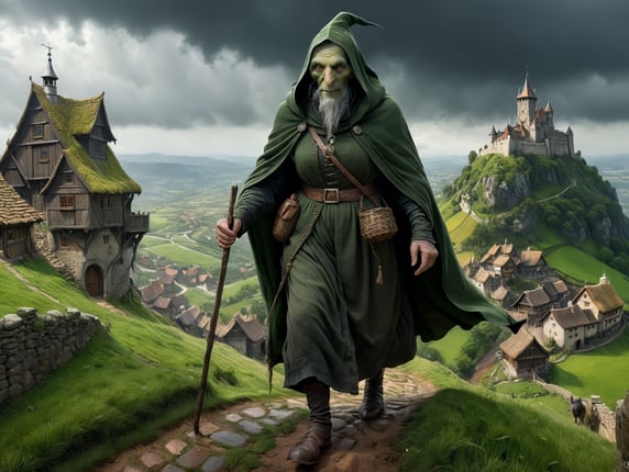 An old witch dressed in dark green, ugly with a big nose and warts, crooked back viewed from the front, one grey rat by her feet. Striding up a hill with a medieval village in the valley below. Overcast sky and rain falling.