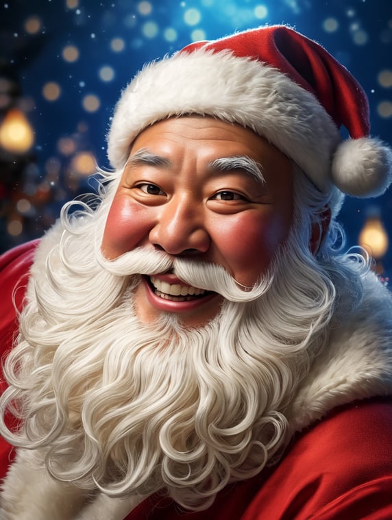 Portrait of a Japanese fat Santa Claus smiling, whimsical facial expression, flowing white beard, jolly caricature, saturated colors, red outfit, sharp focus, portrait photography, depth of field, dramatic candlelit lighting, incredibly high detailed, blue background, blurred background,