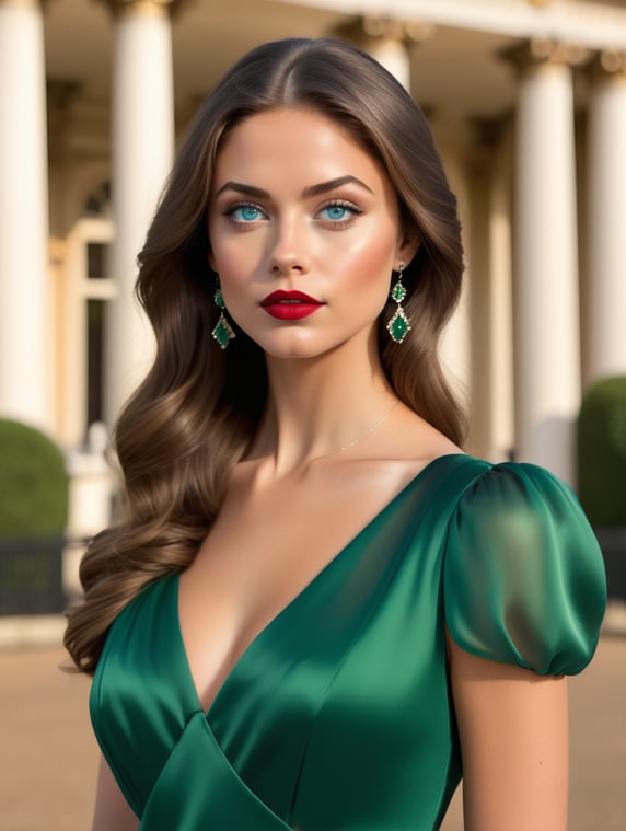 Ultra-high quality and realistic image of a beautiful brunette princess, Caucasian, slightly tanned skin, blue eyes, wearing an emerald green silk dress, red lipstick, standing outside Buckingham Palace at dusk, natural lighting