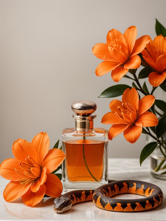orange flowers, Minimalist perfume bottle, snake next to bottle