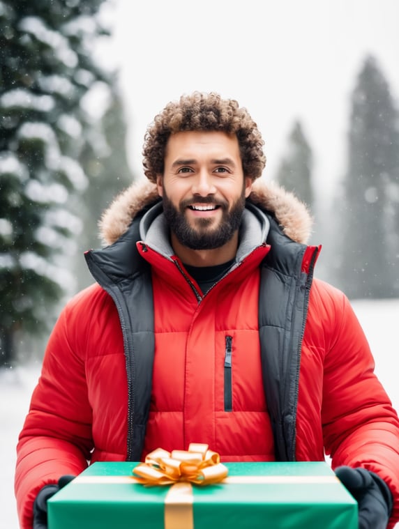 portrait of a bearded curly man wearing red puffer jacket, stands front camera with gift box his hand, snowy weather, Christmas time