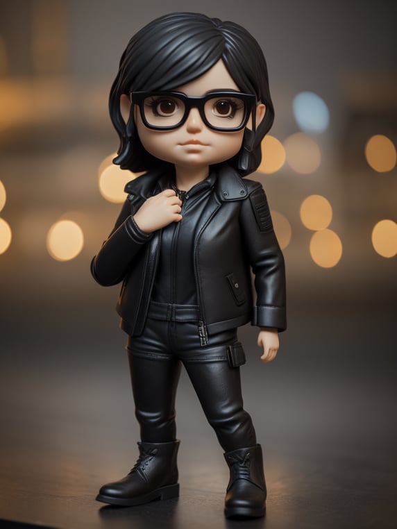 Full body Plastic figurine of a brutal chick, black glasses, leather jacket, black boots, 3d octane render, funko pop,