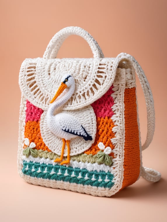 Crochet handbag with white stork motif on colorful background; Crochet túi xách với hoạ tiết con cò trắng nền nhiều màu sắc