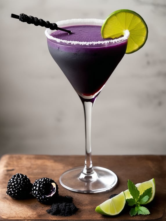 create a fantasty realistic image for this cocktail   - 2 oz Añejo Tequila - 1 2 oz Crème de Violette - 3 4 oz Fresh Lime Juice - 1 2 oz Charcoal-Activated Simple Syrup - 1 4 oz Absinthe - A pinch of Black Lava Salt - Activated Charcoal Powder (edible) - Garnish: Blackberry skewer and a sprig of mi