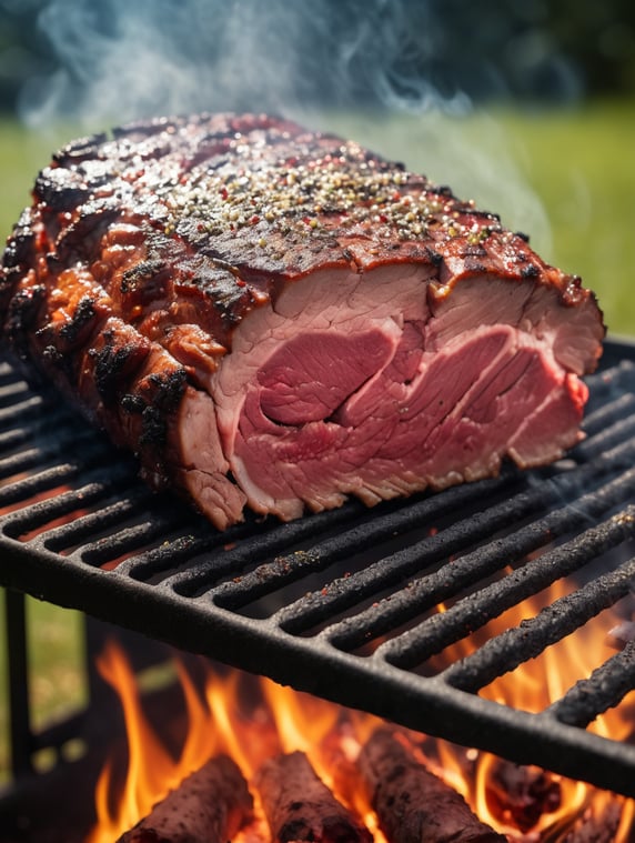 a closeup hyperrealistic photo of a brisket on a backyard grill with seasonings, smokes and fire particles,