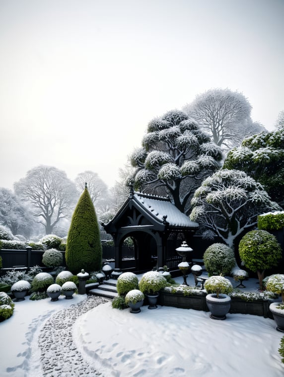 Small English garden covered in snow