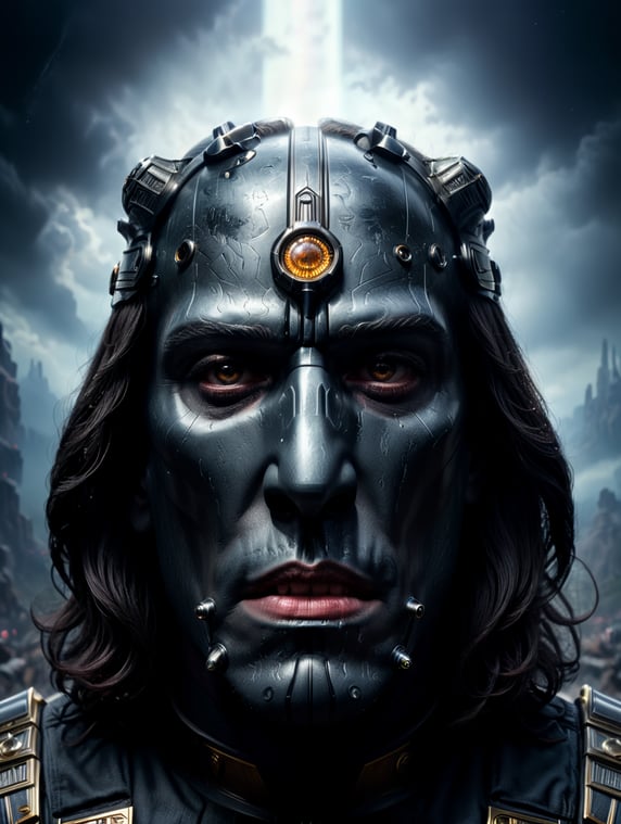 Close up portrait photography, of a starwars darkvador king of the universe, an attractive, 80 degree view, art by sergio lopez, natalie shau, james jean and salvador dali