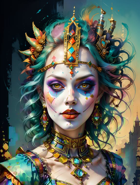 Epic portrait of tvenetian harlequin female clown in pastels and gold intricate embellishments and geometric patterns and designs, high definition, photography, cinematic, detailed character portrait, detailed and intricate environment, strong breeze, nevus under left eye, detailed and intricate environment