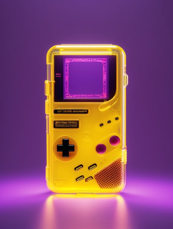 3d render retro tiny cute yellow game boy translucent plastic case, neon light, purple background