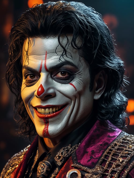 Old Michael Jackson as a creepy evil character wearing spooky Halloween costume, evil smile, creepy tiny nose, Vivid saturated colors, Contrast color