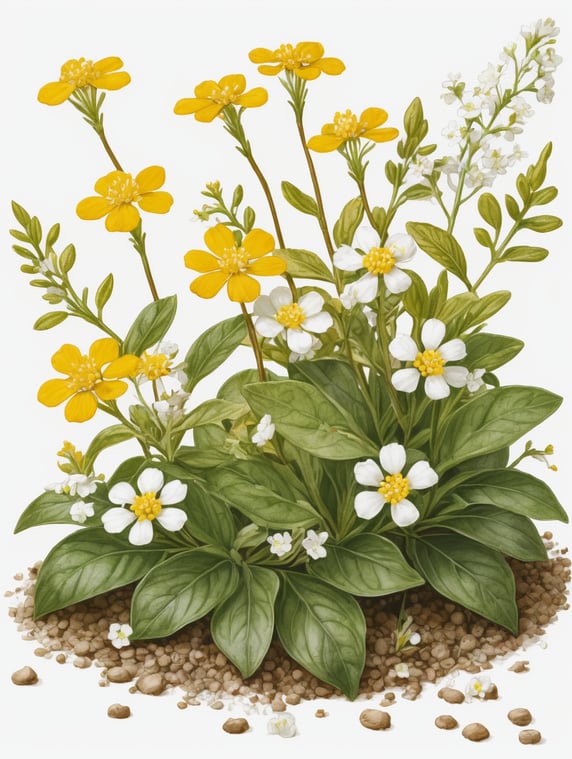 botanical illustration, gesamtansicht, Ground-covering plant with yellow leaves and small white flowers, high detail, uncropped, white background, masterpiece, hand drawn, sketch, concept art, 4k
