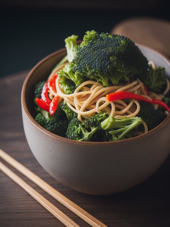 Photorealistic close-up shot of a bowl of freshly cooked noodles with vibrant green broccoli and colorful peppers on a wooden table, chopsticks and a steamy cup of coffee in the background. Shot with a macro lens for exquisite detail and natural lighting, reminiscent of a food magazine cover. Claude Monet inspired art style with attention to texture and detail