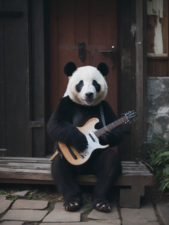 Panda in a hat with earflaps and a jacket. in the hands of a guitar on the background of a wooden Russian house with architraves and a plowshare The bear looks directly into the camera. Smiling. Sits on a bench. A cat sits under the feet. Style like Dima Aske.; Панда в шапке-ушанке и куртка. в руках гитара на фоне деревянный русский дом с наличниками и лемехом Медведь смотрит прямо в камеру. Улыбается. Сидит на скамейке. Под ногами сидит кошка. Стиль как Дима Аске.
