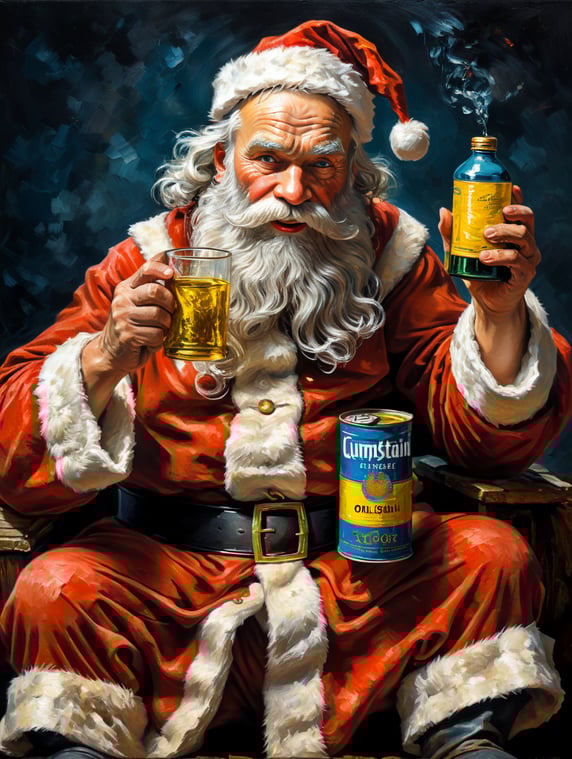 santa claus holding lubricant oil can with both hands, oil painting, van gogh style