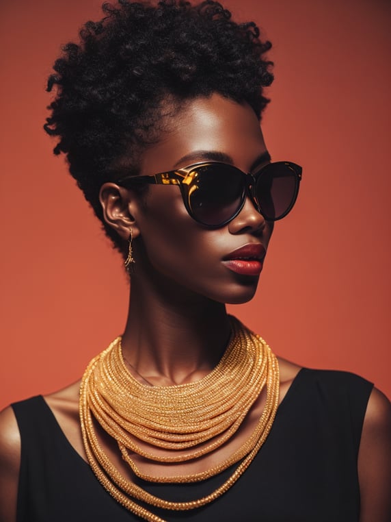 Black female model standing in waist-length black fluid, wearing black fashion dress, red lighting, black sunglasses, thick gold necklace around her neck, short haircut, red-orange background, fashion model, magazine cover, professional shot, magazine photography, bright saturated colors, sharp focus, highly detailed