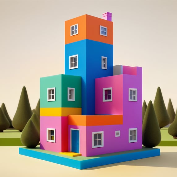 Vinyl toy for a 5-year-old boy xd a house inspired by the architecture of Luis Barragán and the paintings of Escher with vibrant colors placed as if it were a work of contemporary art. Encapsulated in resin.; Vinil toy para Niño de 5 años xd una casa inspirada en la arquitectura de Luis Barragán y las pinturas de Escher con colores vibrantes colocado como si fuera una obra de arte contemporáneo. Encapsulado en resina.