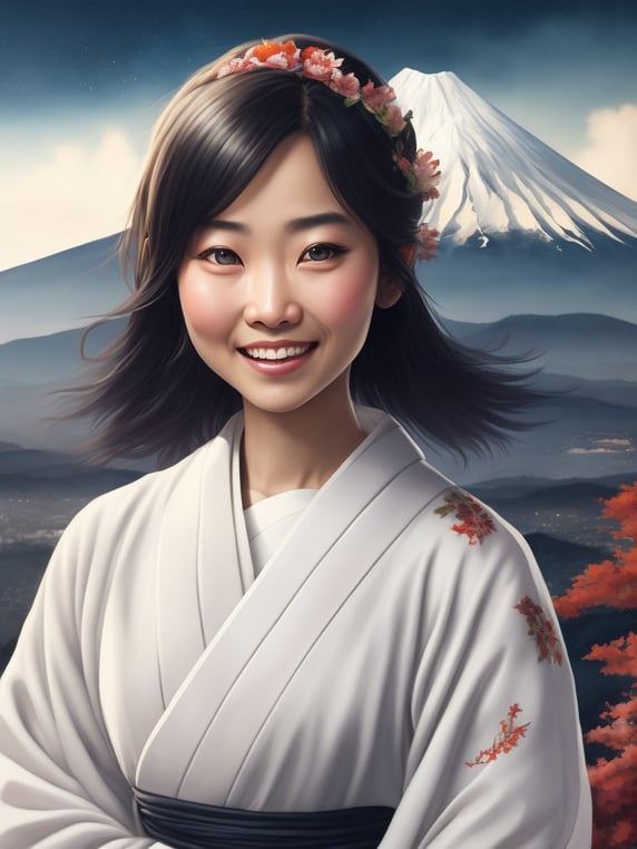 A cute and smiling Japanese girl in a white kimono, Mount Fuji in the distance. gentle watercolor style. Light, clear, sharp and artistic high-resolution picture.gentle watercolor style.