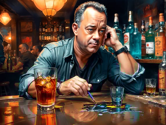 tom hanks down on his luck in a sleazy bar drinking scotch