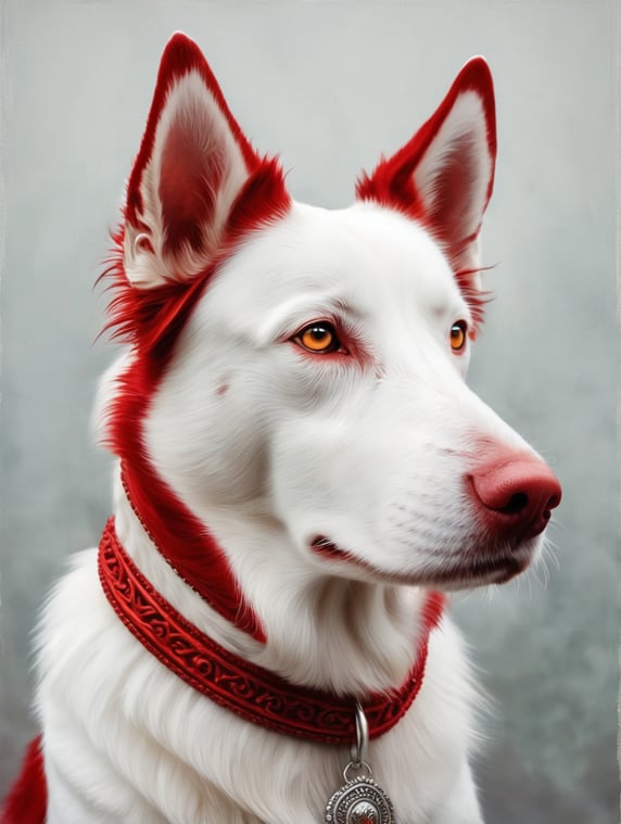 A white dog with red hair on his head