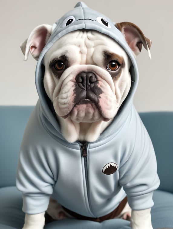 a white bulldog with a brown spot on one eye in a shark onesie