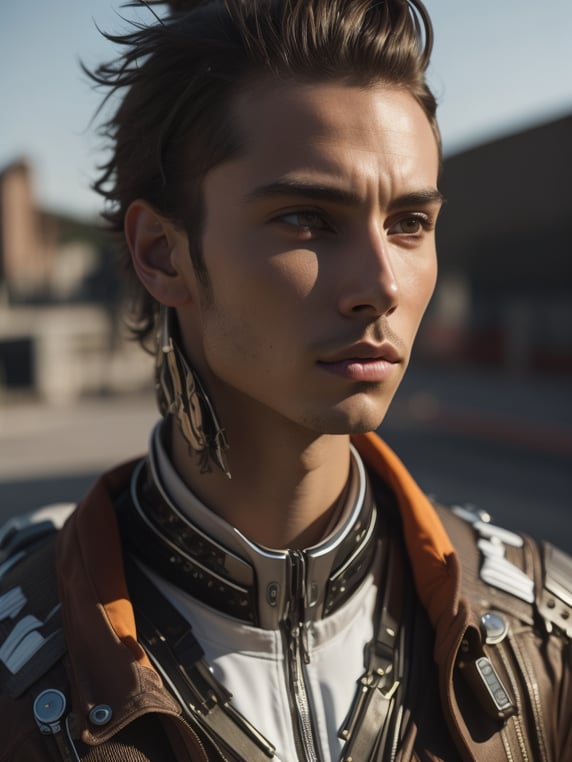 masterpiece, best quality, detailed, 8k wallpaper, far shot, full body, man with a fantastic cyberhelmet, wearing white techwear jacket, jumpsuit, on the street, thin waist, blacklight,