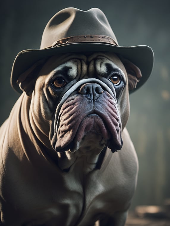 brown grey bulldog in a cow boy hat