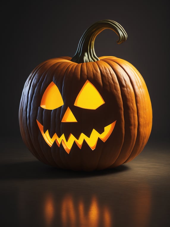 Halloween pumpkin with yellow warm light from inside and blue rim light