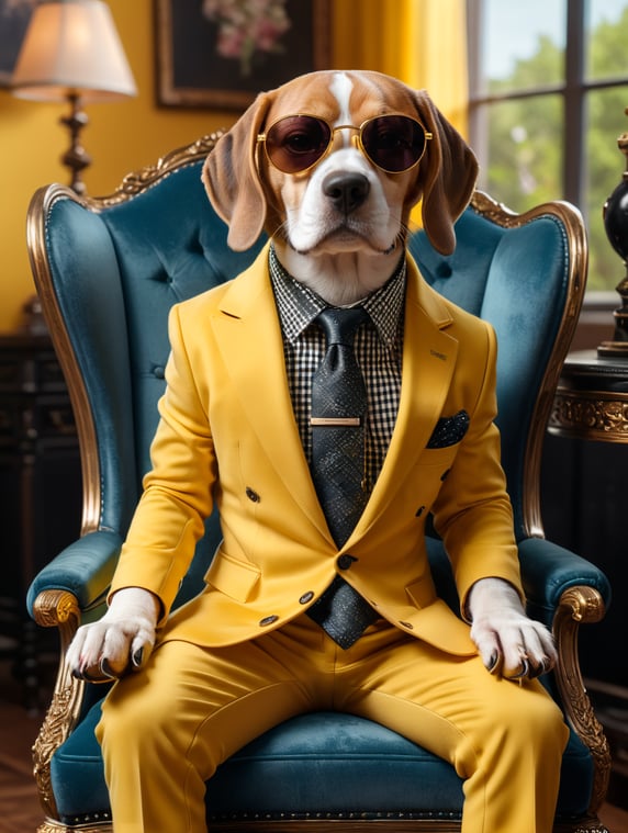 a sleek looking beagle puppy, sitting on a tufted pink velvet chair with, bright yellow background, wearing an expensive 3 piece checkered suit, with very large dark sunglasses, hands in lap, full body with black shiny shoes, black leather gloves, black leather shoes, facing front, super crisp, photographic canon 80d, daylight, bold, fantastic