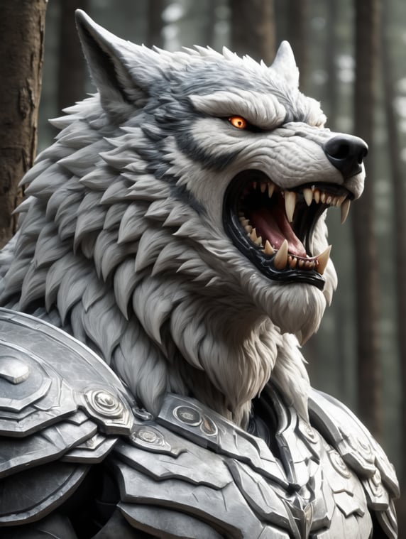A highly muscular anthropomorphic wolf character, depicted from a side profile angle. The creature's physique is robust, with exaggerated muscles to convey impressive physical strength. This wolf is covered in dense, textured fur, painted in shades of grey and white. The creature's eyes are sharp and intelligent, suggesting a sentient creature with a strong personality. He ḿaintains a challenging expression, his mouth partially open revealing his sharp canines. He is poised in a strong and confident stance, ready for whatever may come his way.