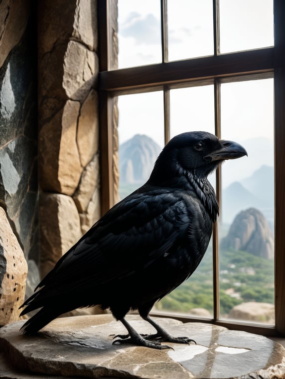 Black crow posing in a window. Behind it a rock landscape and the symbol of the air element