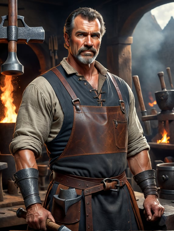 blacksmith-craftsman. A character from a fantasy medieval game. Looks at the viewer. In a leather apron and a rough linen medieval shirt. Stands behind an anvil and holds a blacksmith's Hammer in his hand. Middle aged. Against the background of the forge