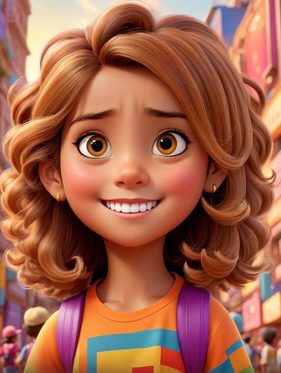 A Disney Pixar-inspired movie poster with title "Lulu Ribas", the scene should be in the distinct digital art style of Pixar in Manaus city, in front of the Amazon opera theater, with a focus on character expressions, Girl, 12 years old, light Brown Curly hair, vibrant colors, and detailed textures that are characteristc of their animations, with the title "Lulu Ribas"