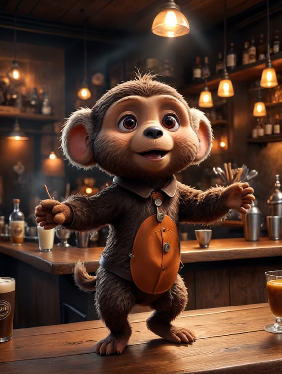 create a picture with the main character of the film "Cheburashka", he is dancing on the bar counter in a cafe-bar; создай картинку с главным героем фильма "Чебурашка", он кафе-баре танцует на барной стойке