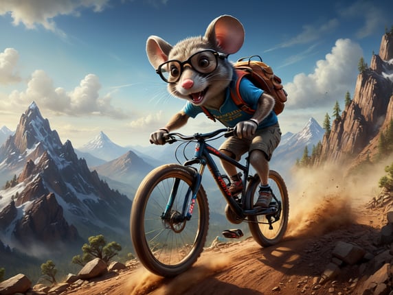 A stylish mouse in cycling glasses descending the mountain on a mountain bike at high speed kicking up dust Disney pixar style; Um rato estiloso de óculos de ciclista descendo a montanha de mountain bike em alta velocidade levantando poeira estilo Disney pixar