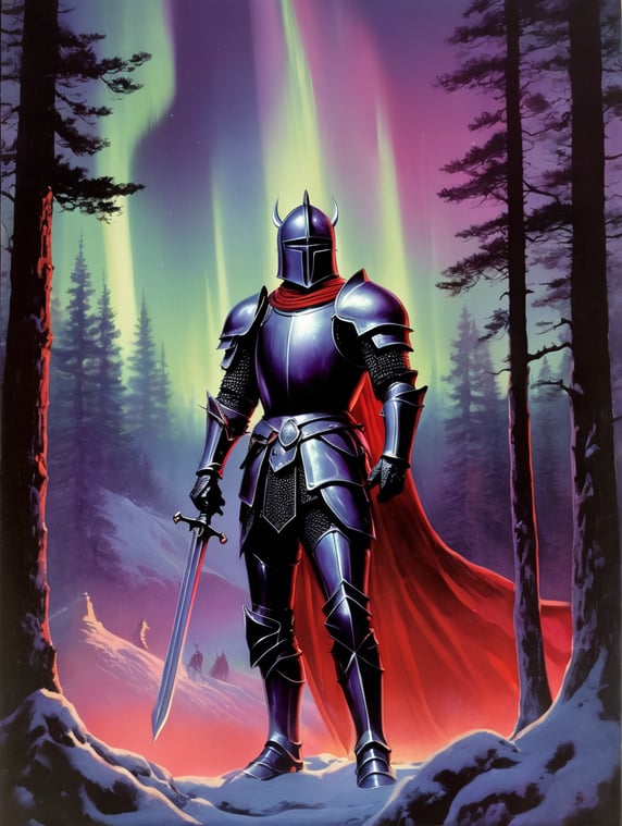 1970s dark fantasy book cover art, knight standing with northern lights purple and red behind him dark forest
