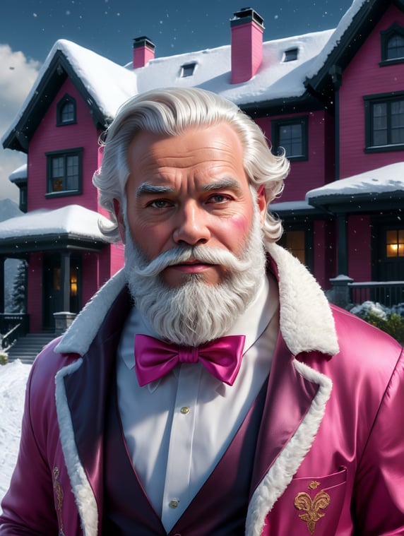 modern Santa Claus, with white hipster hair and beard, dark pink clothes and an elegant and sophisticated mood. The beard with a particular cut, and a sorry pink bow that gathers it along the length. In the background a modern house immersed in a snowy landscape.; babbo natale moderno, con capelli da hipster e barba bianchi, abiti rosa scuro e un mood elegante e sofisticato. La barba con taglio particolare, ed un fiocco rosa scusa che la raccoglie sulla lunghezza. SUllo sfondo una casa moderna immersa in un paesaggio innevato.