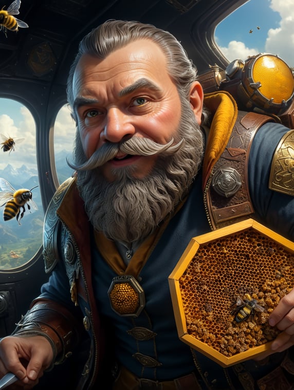 A little fairy-tale dwarf with a mustache and beard, flies by plane to visit a bee and try out her honeycomb