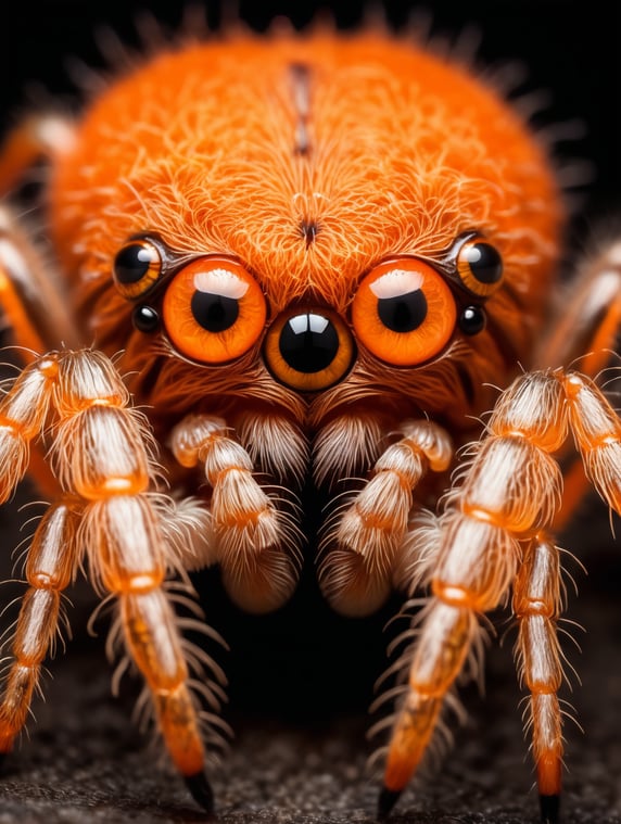 horrorific orange hairy spider made of light with three luminous eyes