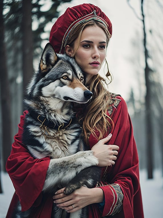 Portrait of a Beautiful women from Russian fairytale wearing traditional costume hugging a wolf