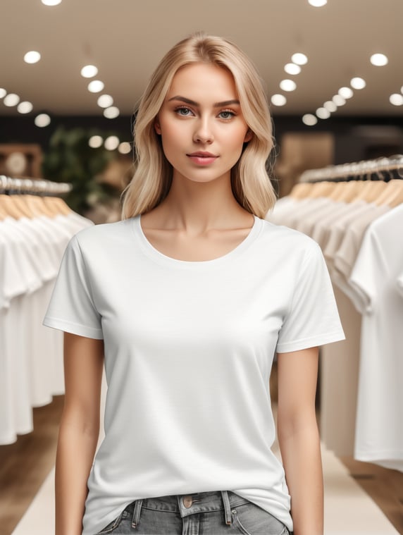 Woman wearing blank white T-Shirt in Clothing Store Mockup
