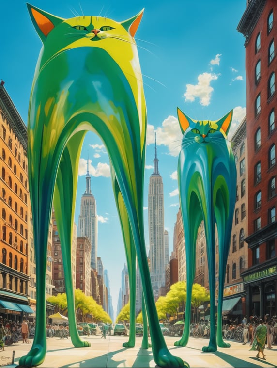 Green cats in new york. Painted in the style of Salvador Dali. Very hot and sunny rays with blue sky. Very long and thin legs