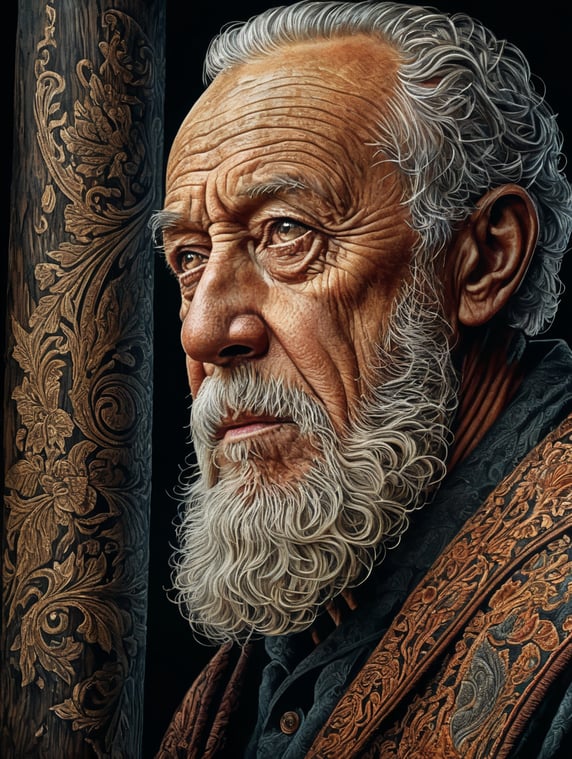 Woodcut print of an old man, digital art, vector, art by roy l davies and tugboat printshop
