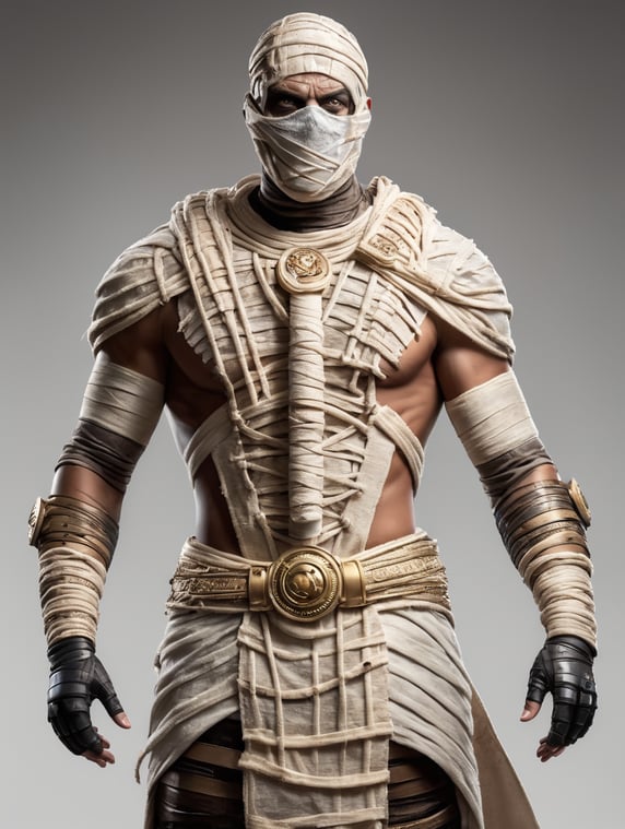 A photograph of mummy costume covered in bandages for a male character with fortnite style, halloween costume, white background, full body